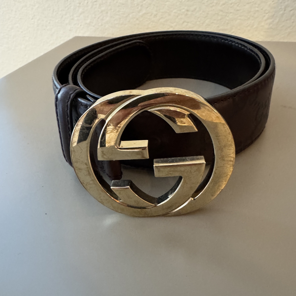 Gucci Brown Leather Belt with Gold Logo Buckle - Picture 2 of 9